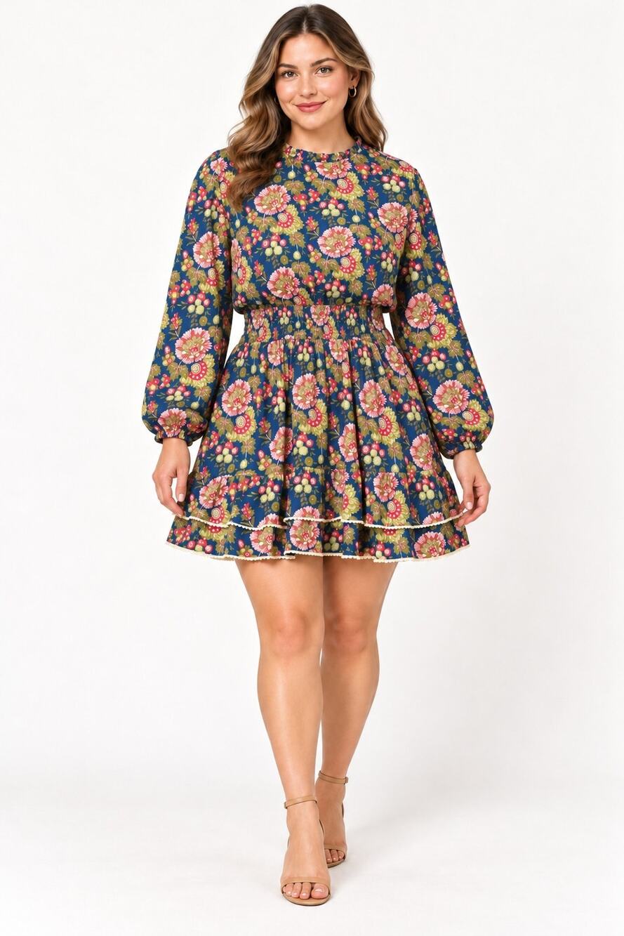 Madison Mathews Blue Pink Floral Cotton Mini Dress XXL